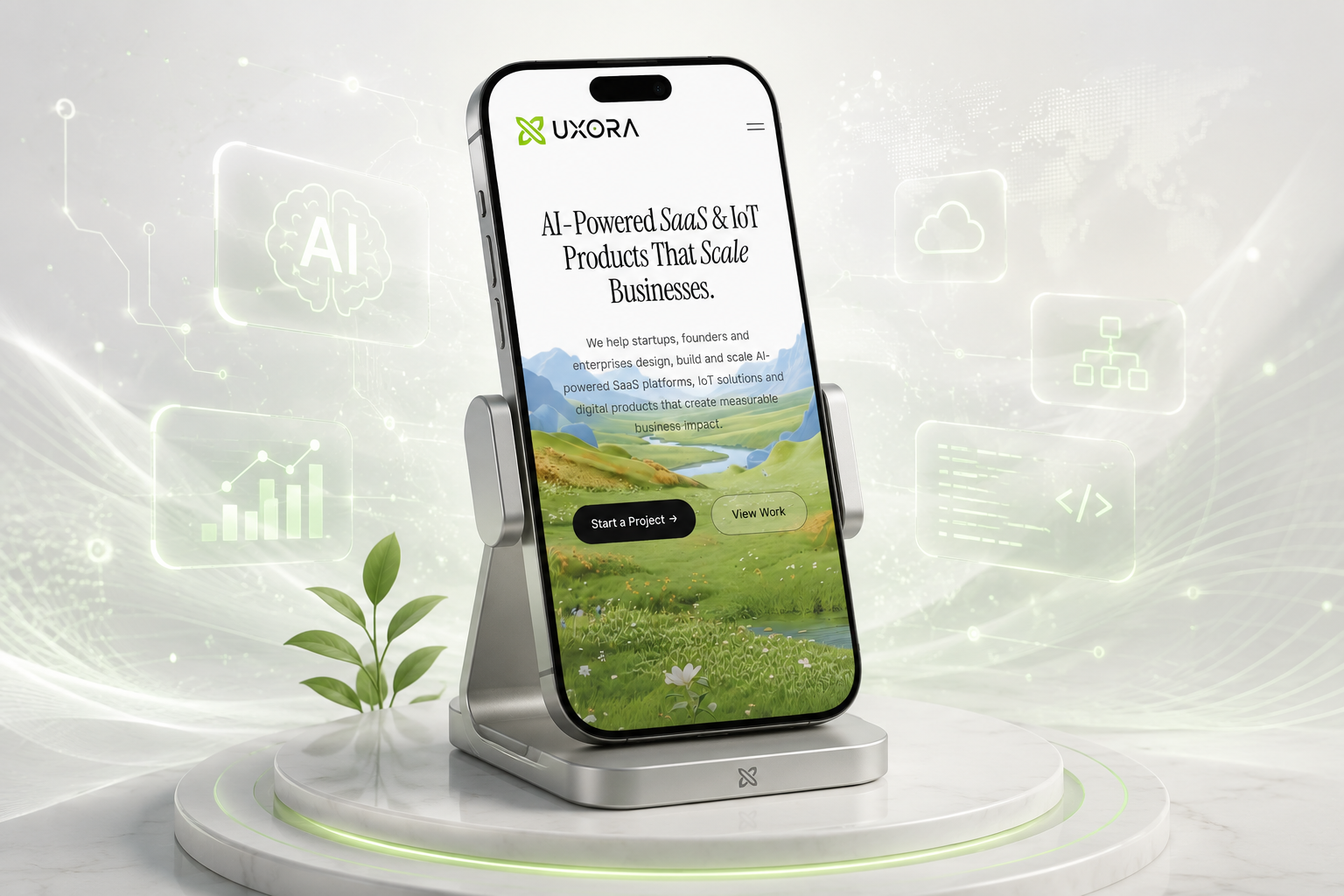 Uxora mobile product mockup showing an AI-powered SaaS interface